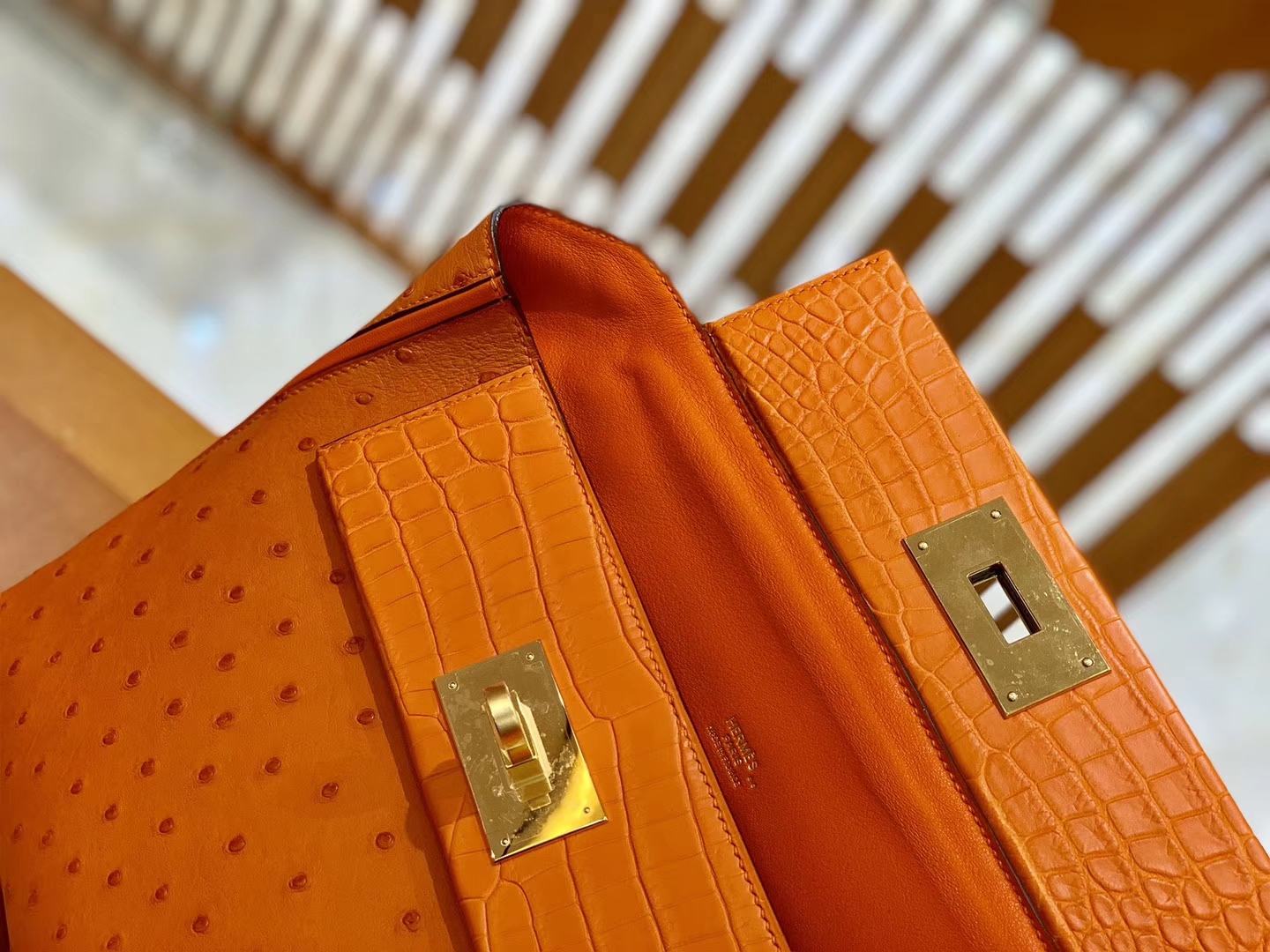 Hermès（爱马仕）Kelly-2424 橙色 鸵鸟皮拼鳄鱼皮 顶级手缝 金扣 29cm