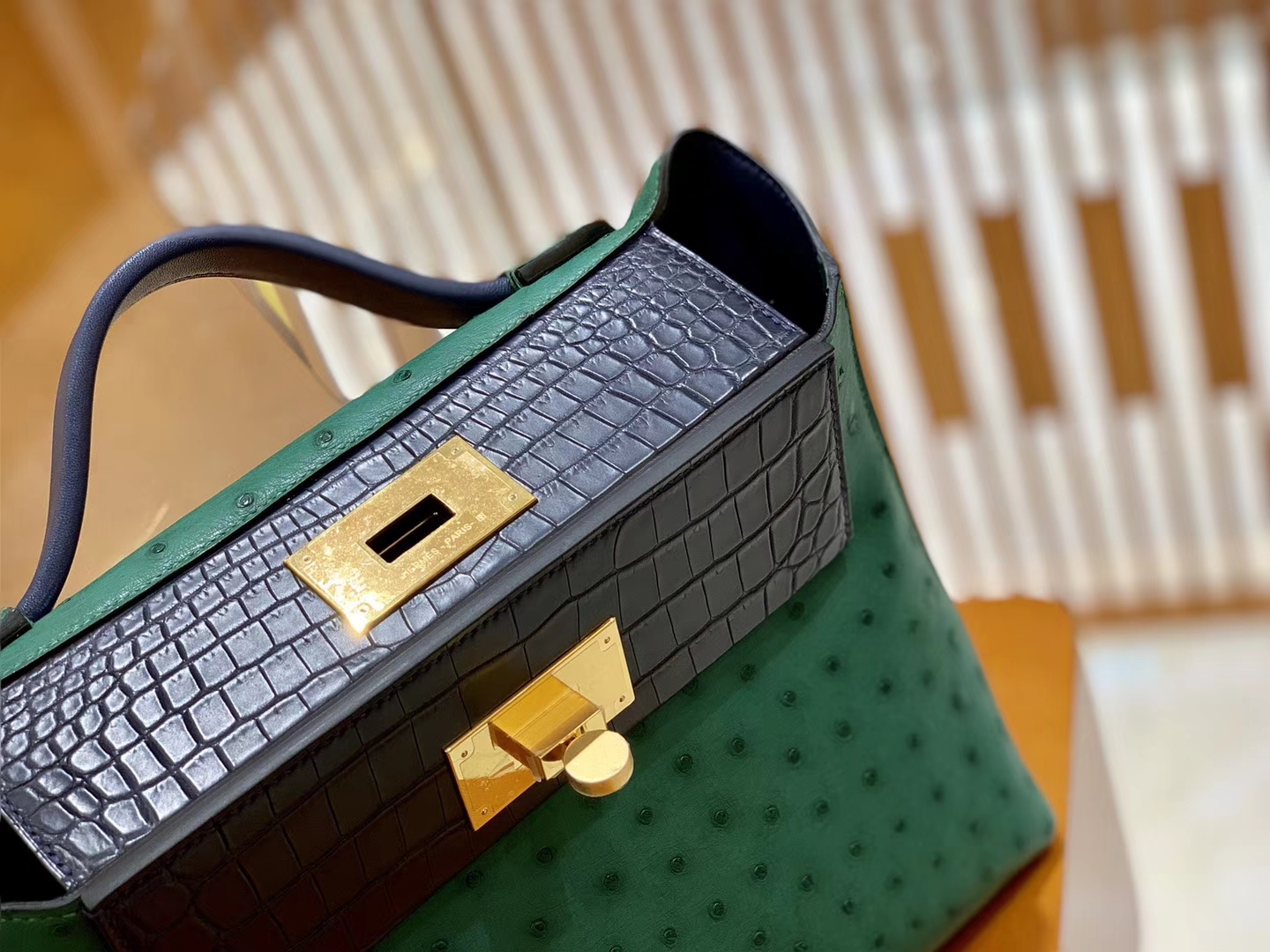 Hermès（爱马仕）Kelly-2424 孔雀绿拼黑色 鸵鸟皮拼鳄鱼皮 顶级手缝 金扣 29cm