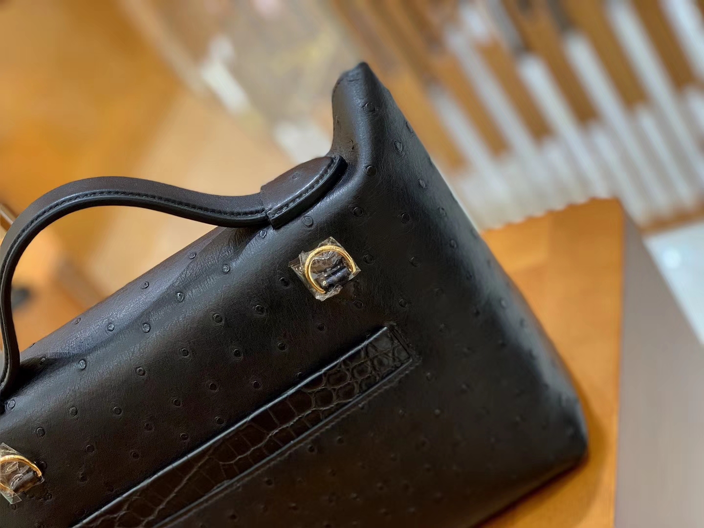 Hermès（爱马仕）Kelly-2424 黑色 鸵鸟皮拼鳄鱼皮 顶级手缝 金扣 29cm