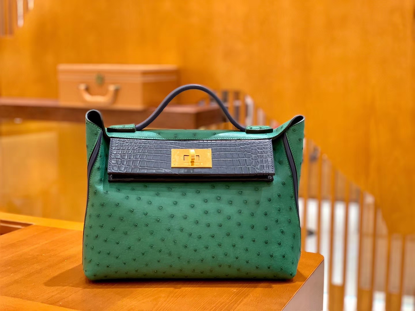 Hermès（爱马仕）Kelly-2424 孔雀绿拼黑色 鸵鸟皮拼鳄鱼皮 顶级手缝 金扣 29cm