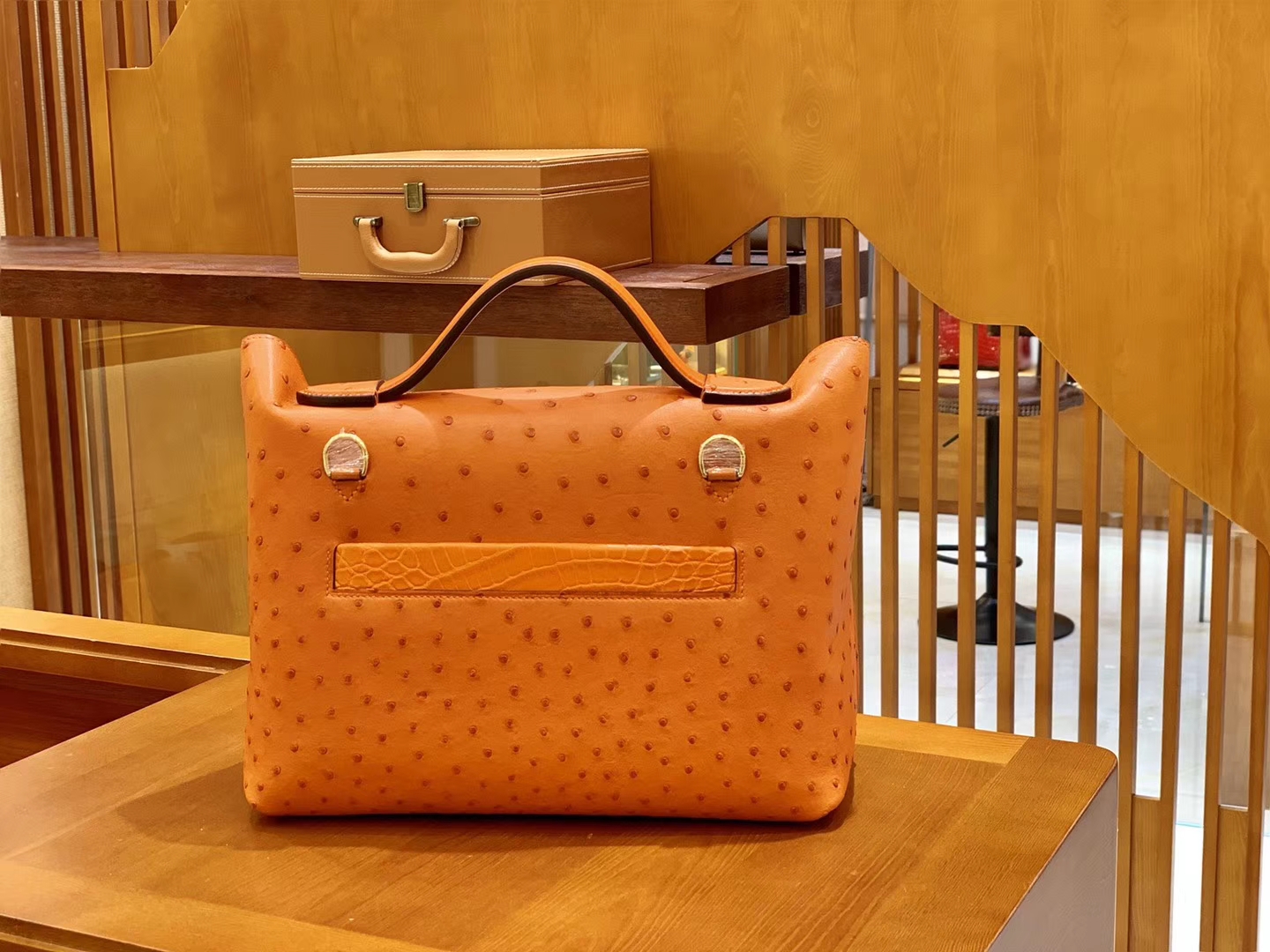 Hermès（爱马仕）Kelly-2424 橙色 鸵鸟皮拼鳄鱼皮 顶级手缝 金扣 29cm