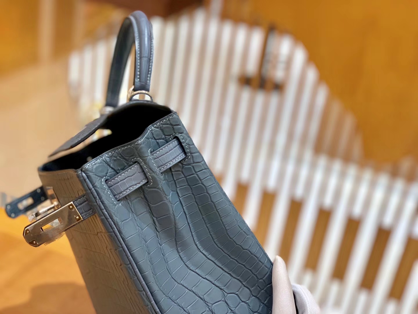 Hermès（爱马仕）Kelly 28cm 雾霾蓝 银扣 进口 哑光尼罗鳄鱼皮 全手工缝制