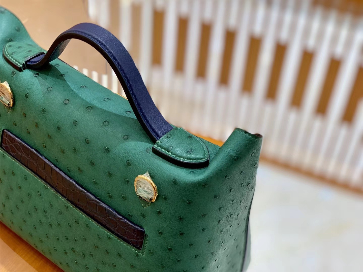 Hermès（爱马仕）Kelly-2424 孔雀绿拼黑色 鸵鸟皮拼鳄鱼皮 顶级手缝 金扣 29cm
