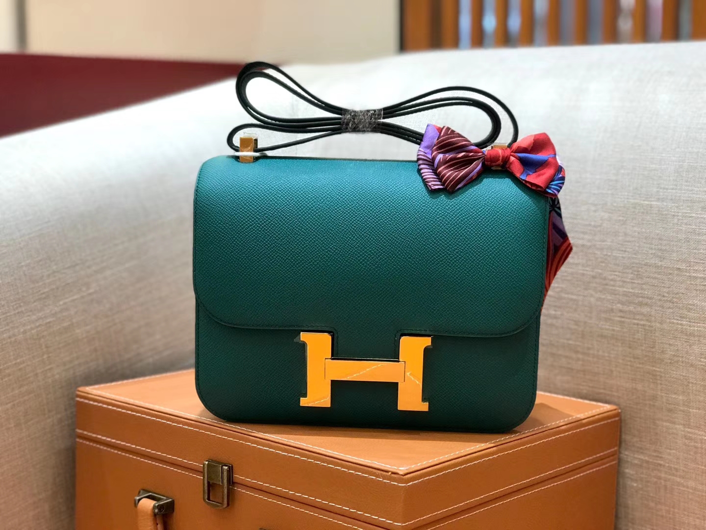 Hermès（爱马仕）康斯坦 Constance 空姐包 孔雀绿 德国进口牛皮 全手工缝制 金扣 24cm