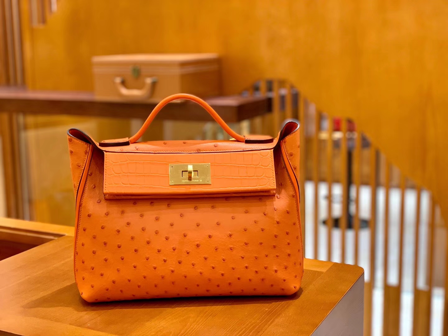 Hermès（爱马仕）Kelly-2424 橙色 鸵鸟皮拼鳄鱼皮 顶级手缝 金扣 29cm