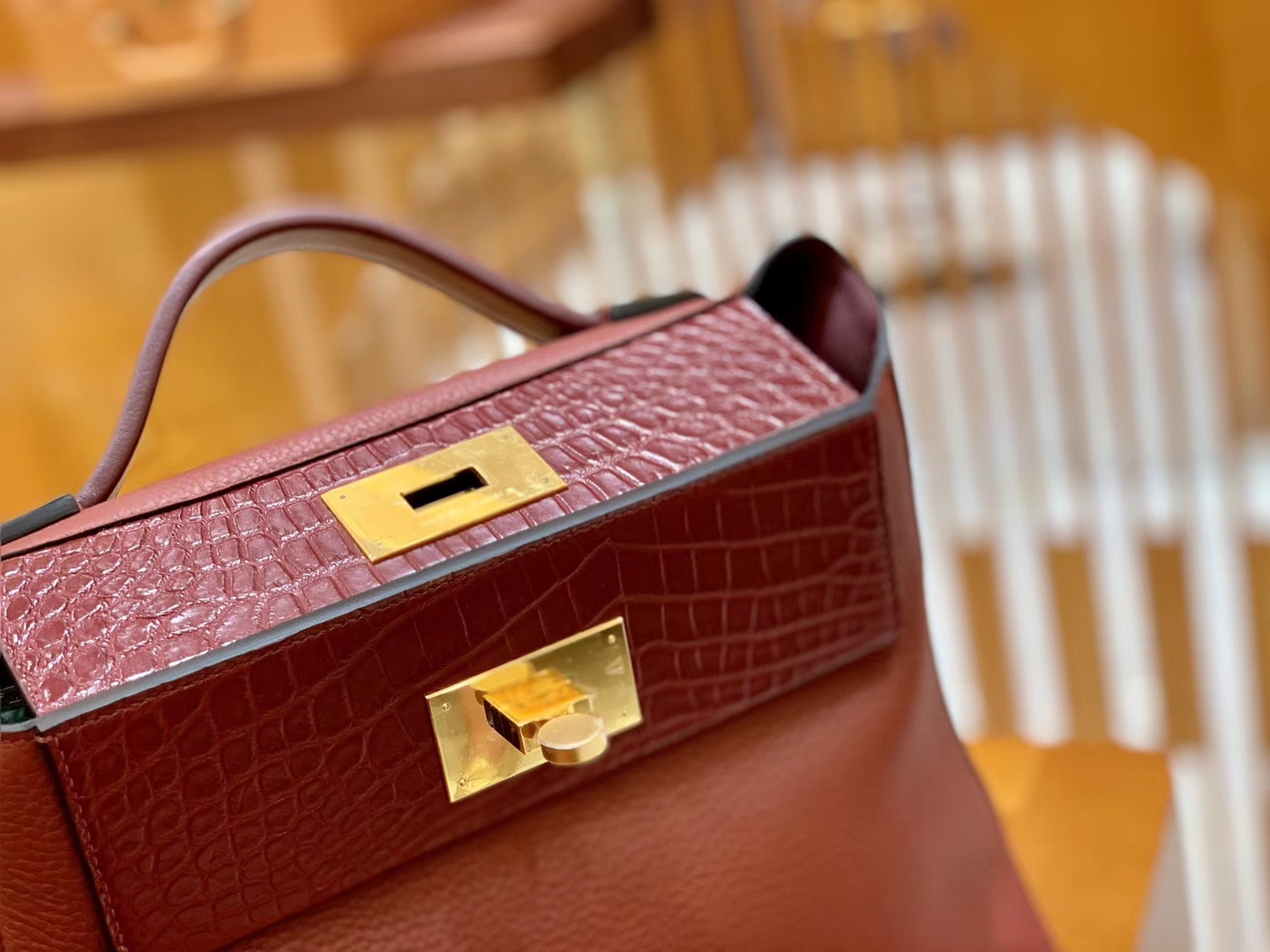Hermès（爱马仕）Kelly-2424 波尔多酒红 原厂御用顶级小牛皮拼鳄鱼皮 togo 金扣 29cm