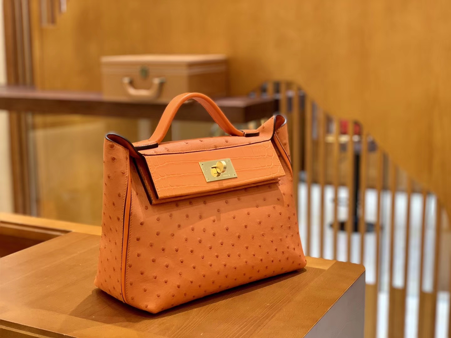 Hermès（爱马仕）Kelly-2424 橙色 鸵鸟皮拼鳄鱼皮 顶级手缝 金扣 29cm