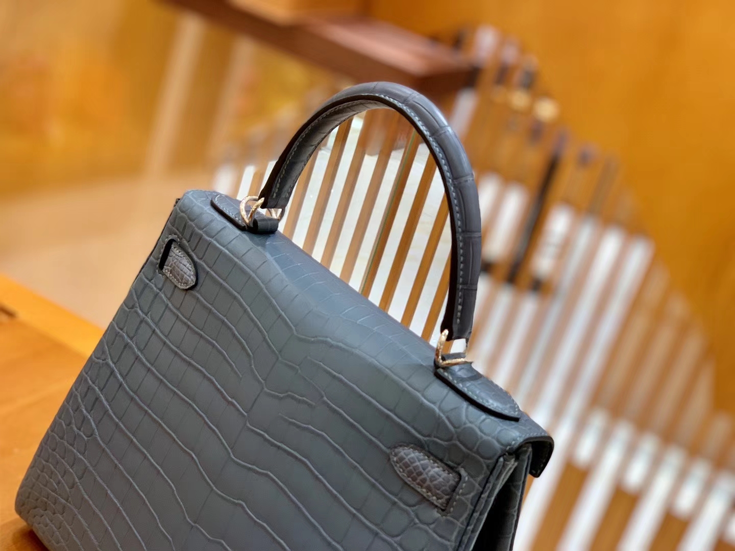 Hermès（爱马仕）Kelly 28cm 雾霾蓝 银扣 进口 哑光尼罗鳄鱼皮 全手工缝制
