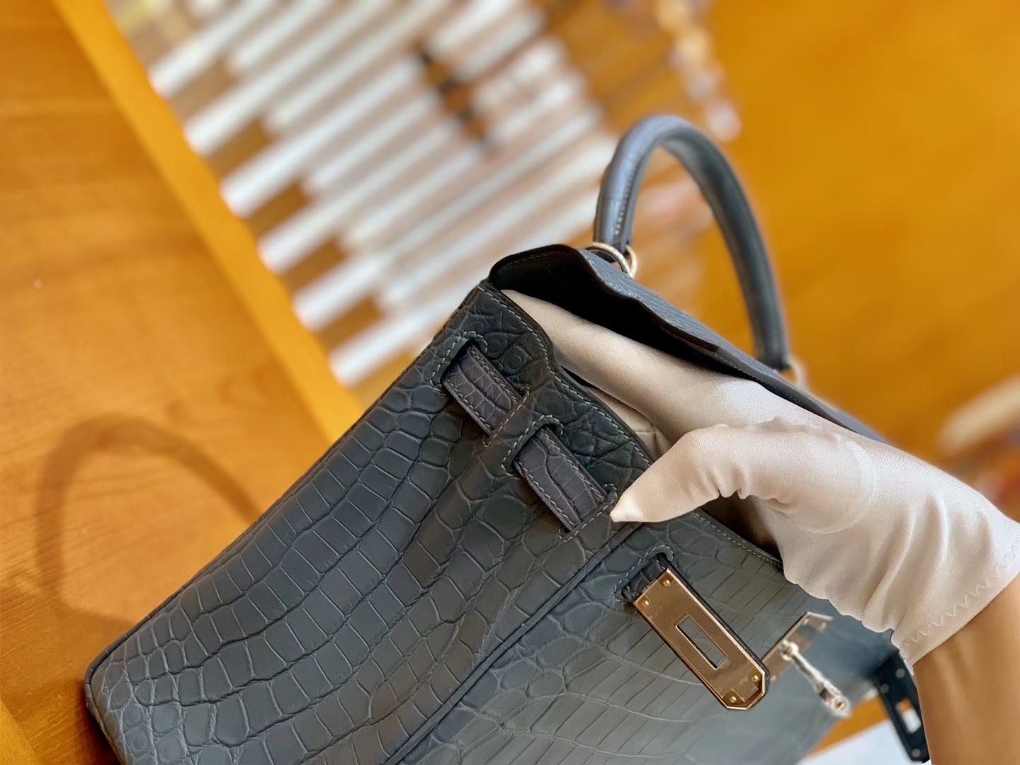 Hermès（爱马仕）Kelly 28cm 雾霾蓝 银扣 进口 哑光尼罗鳄鱼皮 全手工缝制