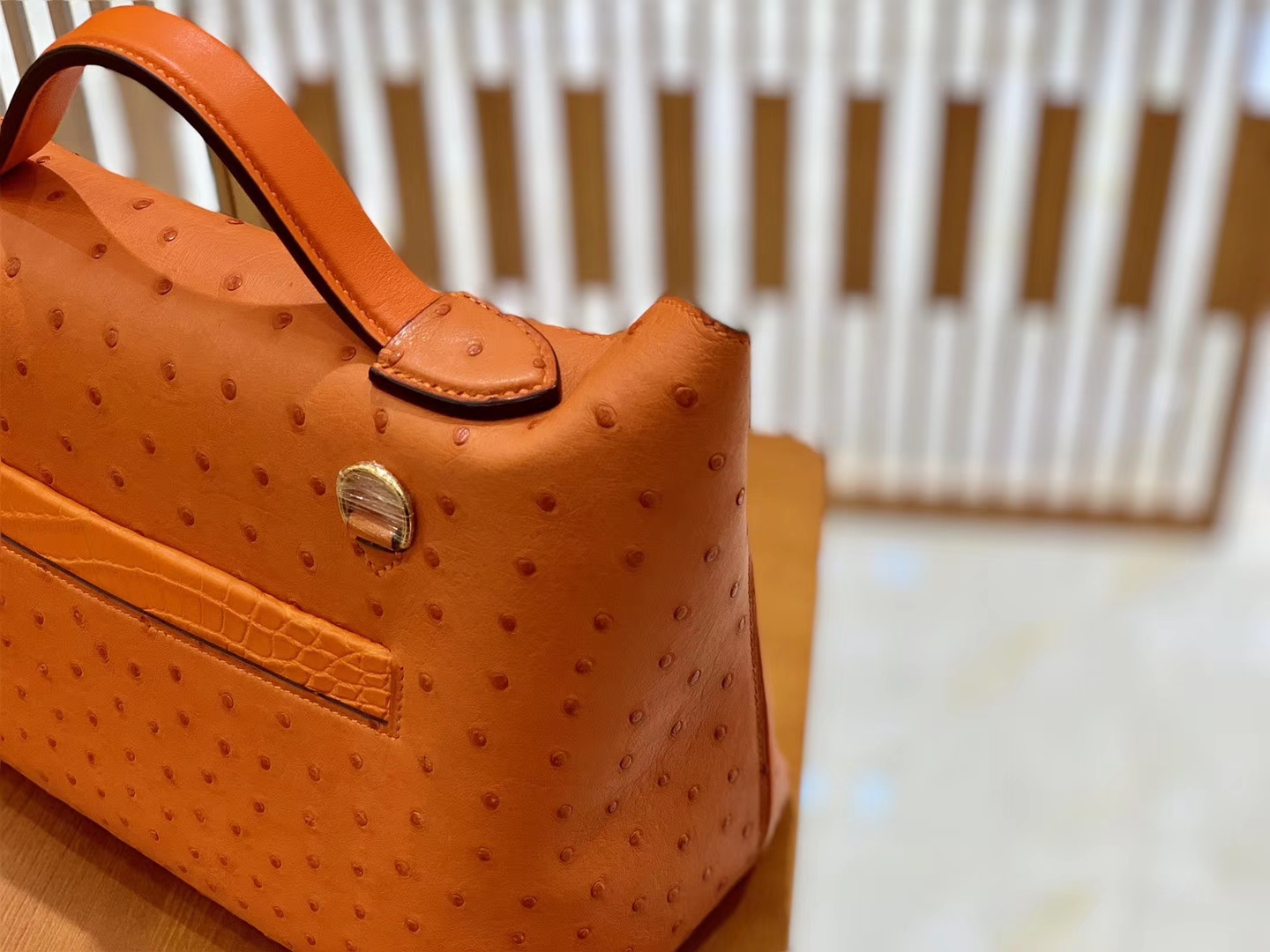 Hermès（爱马仕）Kelly-2424 橙色 鸵鸟皮拼鳄鱼皮 顶级手缝 金扣 29cm