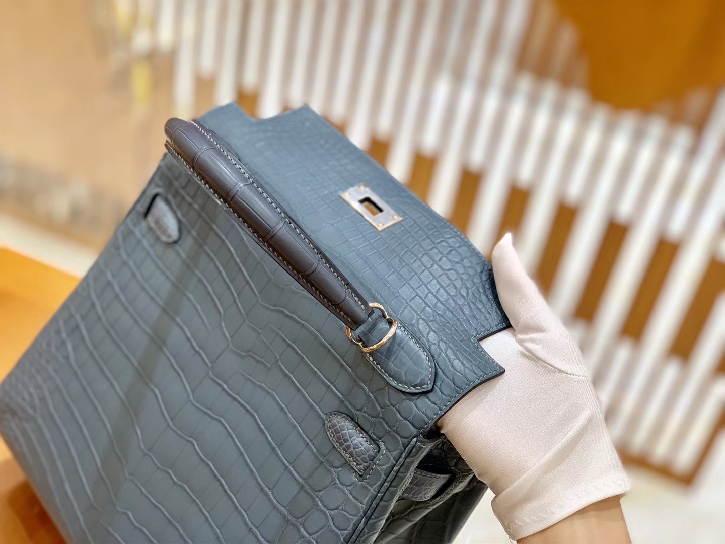 Hermès（爱马仕）Kelly 28cm 雾霾蓝 银扣 进口 哑光尼罗鳄鱼皮 全手工缝制