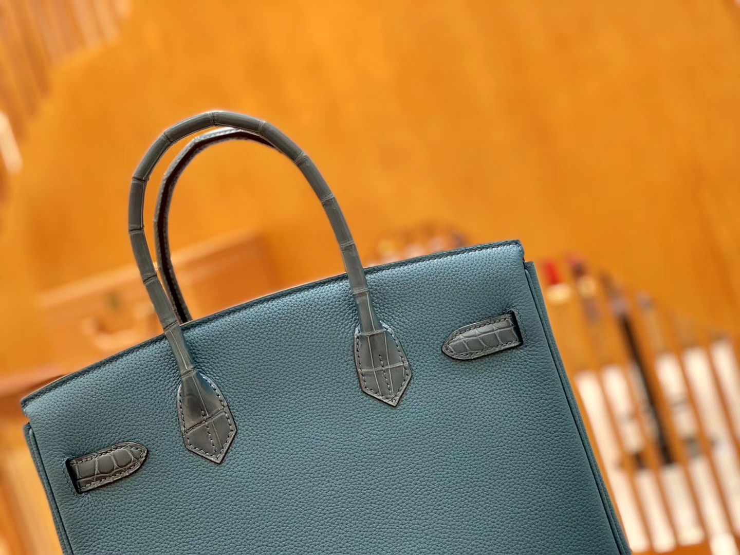 Hermès（爱马仕）Birkin 铂金包 祖母蓝 Touch 鳄鱼皮拼牛皮 金扣 30cm