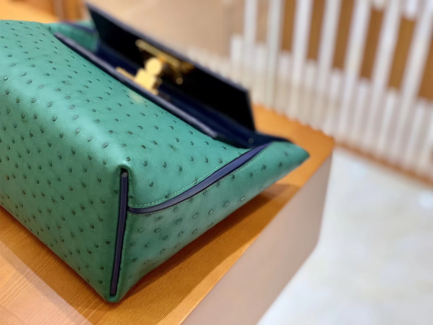 Hermès（爱马仕）Kelly-2424 孔雀绿拼黑色 鸵鸟皮拼鳄鱼皮 顶级手缝 金扣 29cm