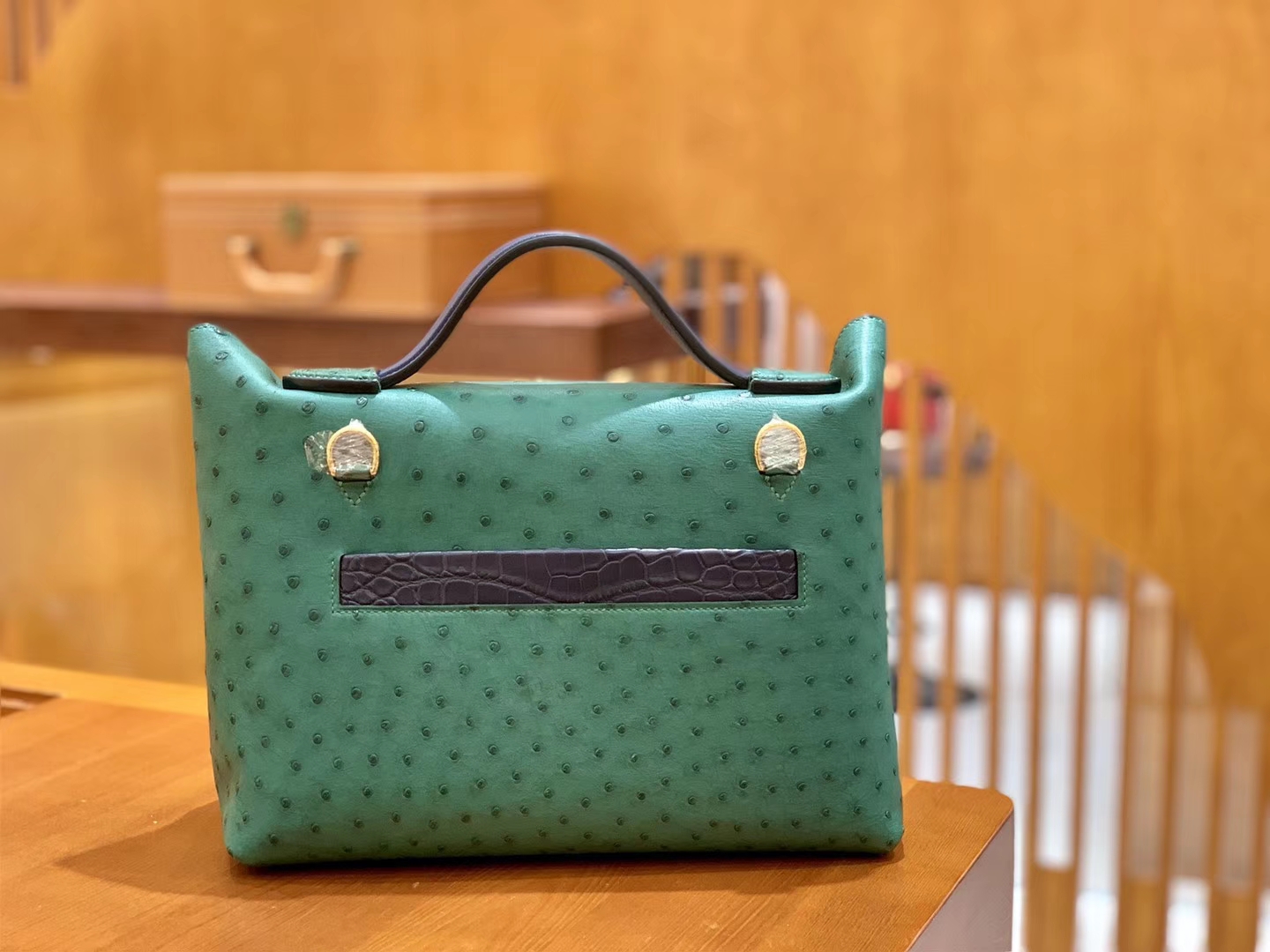 Hermès（爱马仕）Kelly-2424 孔雀绿拼黑色 鸵鸟皮拼鳄鱼皮 顶级手缝 金扣 29cm