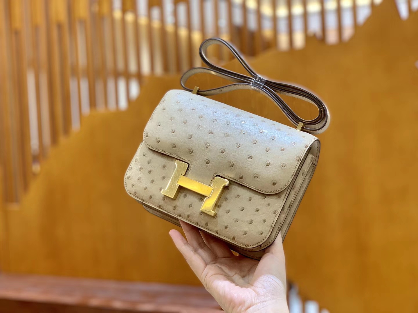 Hermès（爱马仕）Constance 空姐包 杏色 南非进口鸵鸟皮 18cm
