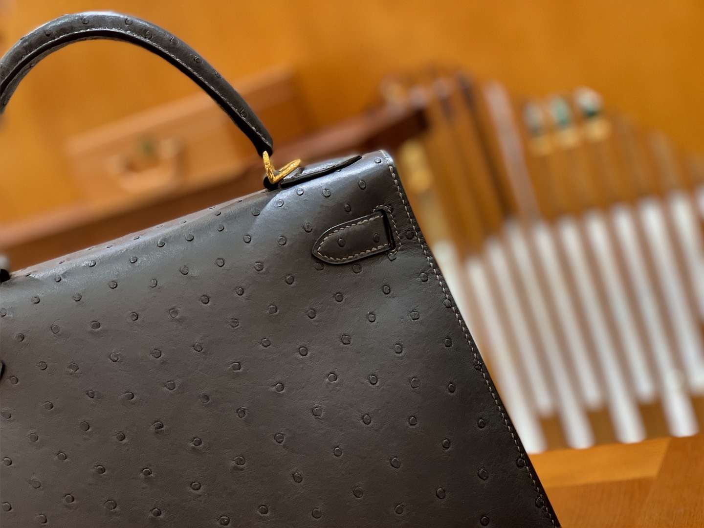 Hermès（爱马仕）Kelly 28cm 锡器灰 金扣 南非进口 鸵鸟皮 全手工缝制