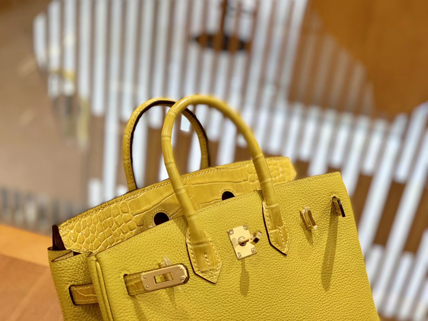 Hermès（爱马仕）Birkin 铂金包 琥珀黄 Touch 牛皮拼鳄鱼皮 金扣 25cm