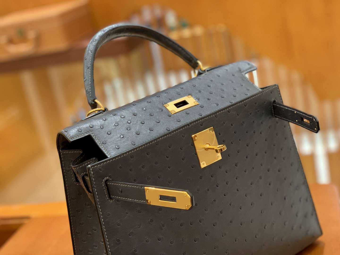 Hermès（爱马仕）Kelly 28cm 锡器灰 金扣 南非进口 鸵鸟皮 全手工缝制