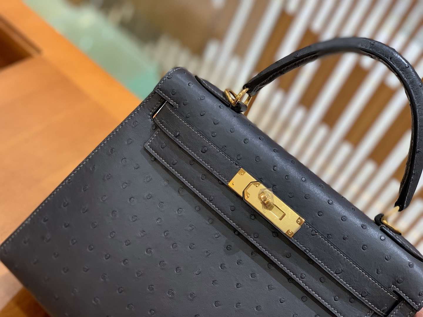 Hermès（爱马仕）Kelly 28cm 锡器灰 金扣 南非进口 鸵鸟皮 全手工缝制