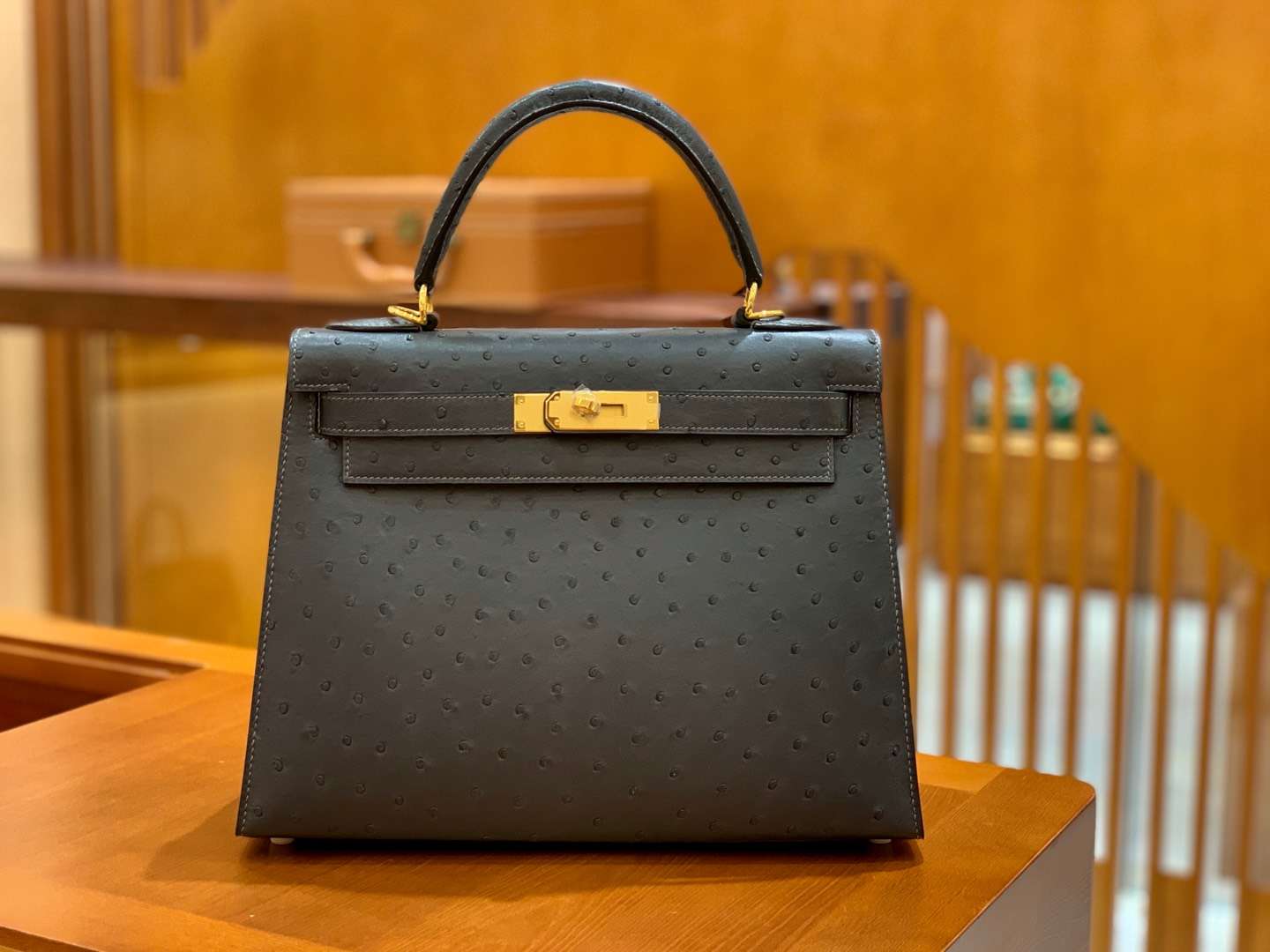 Hermès（爱马仕）Kelly 28cm 锡器灰 金扣 南非进口 鸵鸟皮 全手工缝制