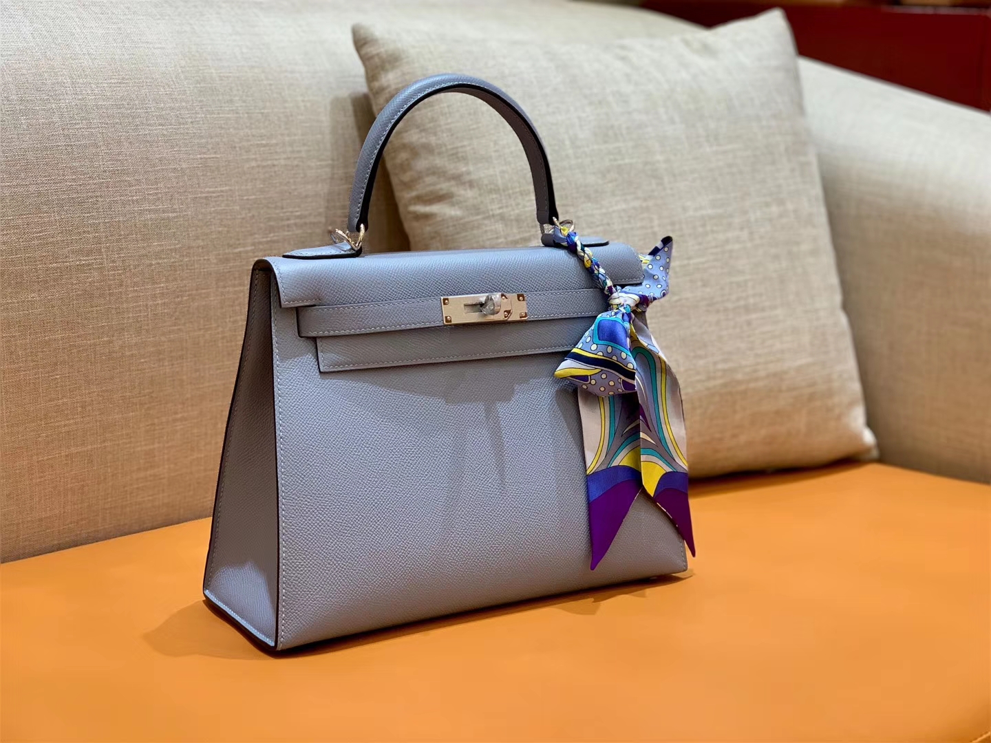 Hermès（爱马仕）Kelly 凯莉包 德国掌纹牛皮 灰蓝 鳄鱼皮工序高订版本 28cm