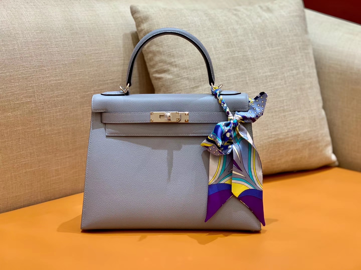 Hermès（爱马仕）Kelly 凯莉包 德国掌纹牛皮 灰蓝 鳄鱼皮工序高订版本 28cm