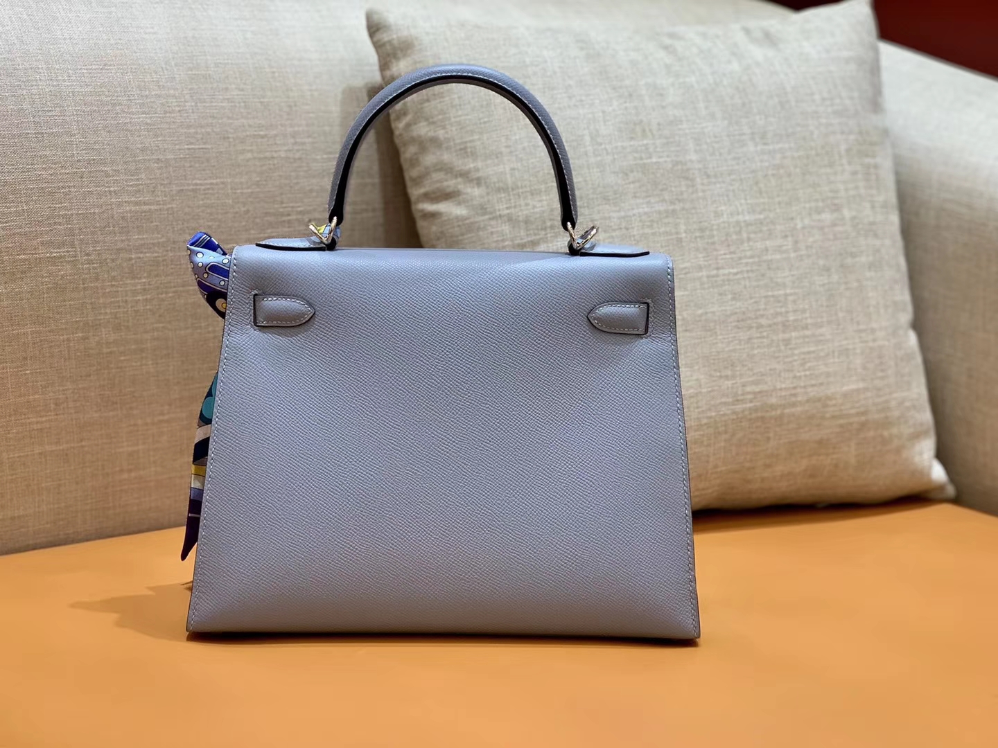 Hermès（爱马仕）Kelly 凯莉包 德国掌纹牛皮 灰蓝 鳄鱼皮工序高订版本 28cm