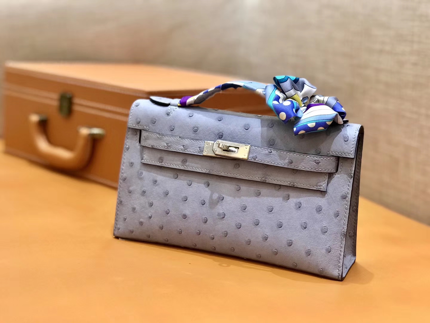 Hermès（爱马仕）MiniKelly 迷你凯莉 浅灰蓝 鸵鸟皮 1代 金扣 22cm