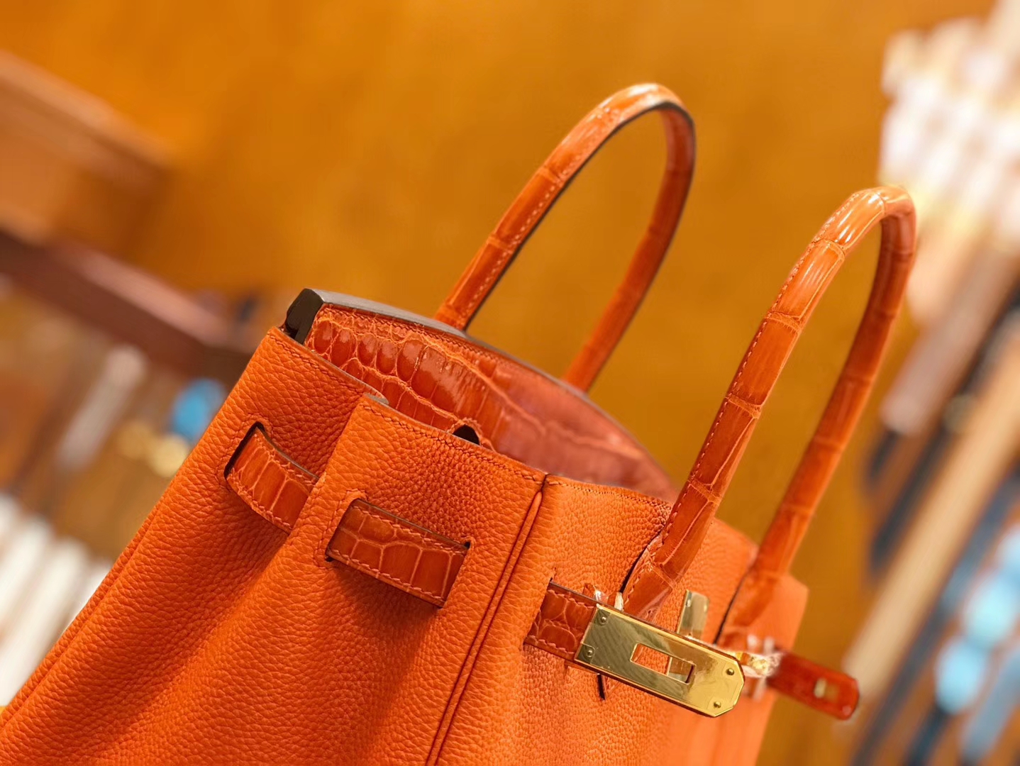 Hermès（爱马仕）Birkin 30cm Touch 火焰橙 鳄鱼皮拼牛皮 全手工缝制