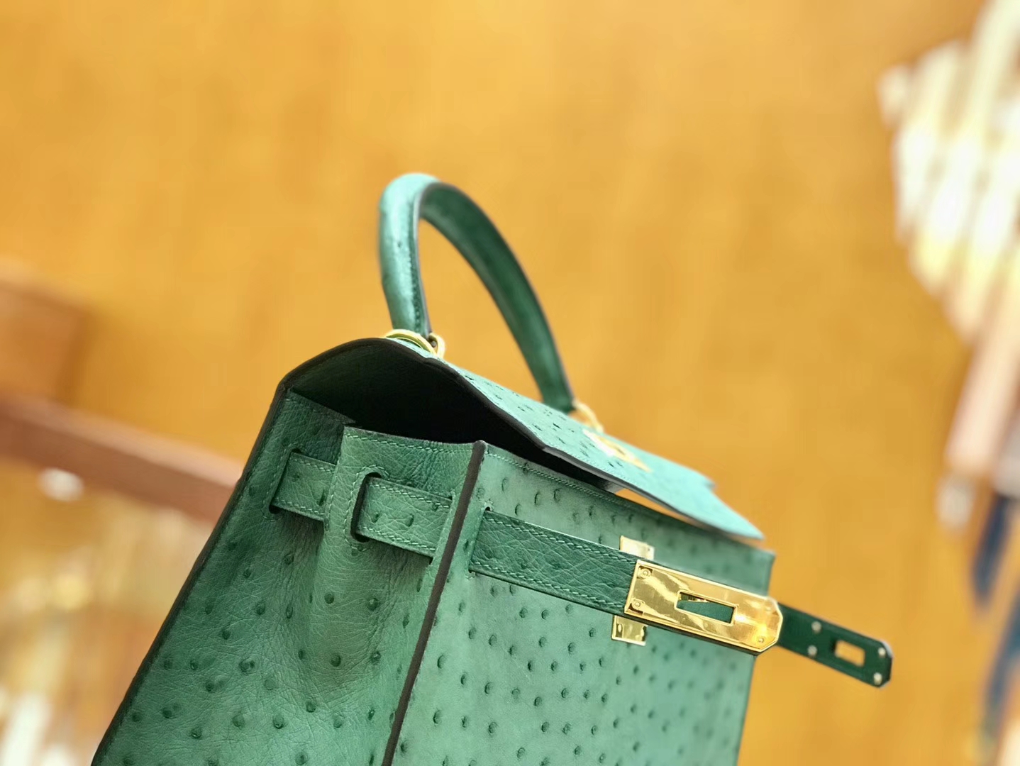 Hermès（爱马仕）Kelly 28cm 孔雀绿 金扣 鸵鸟皮 全手工缝制