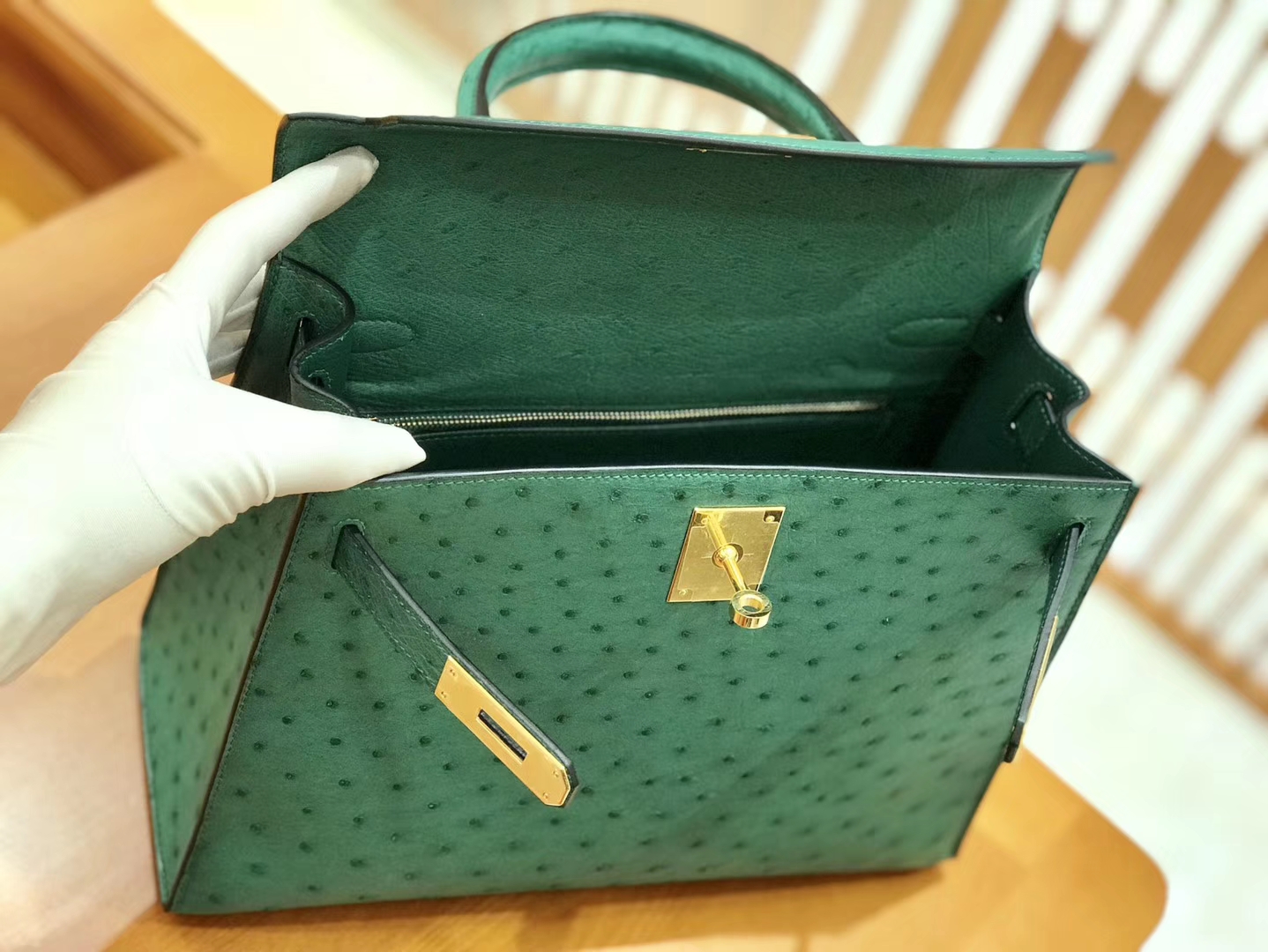 Hermès（爱马仕）Kelly 28cm 孔雀绿 金扣 鸵鸟皮 全手工缝制