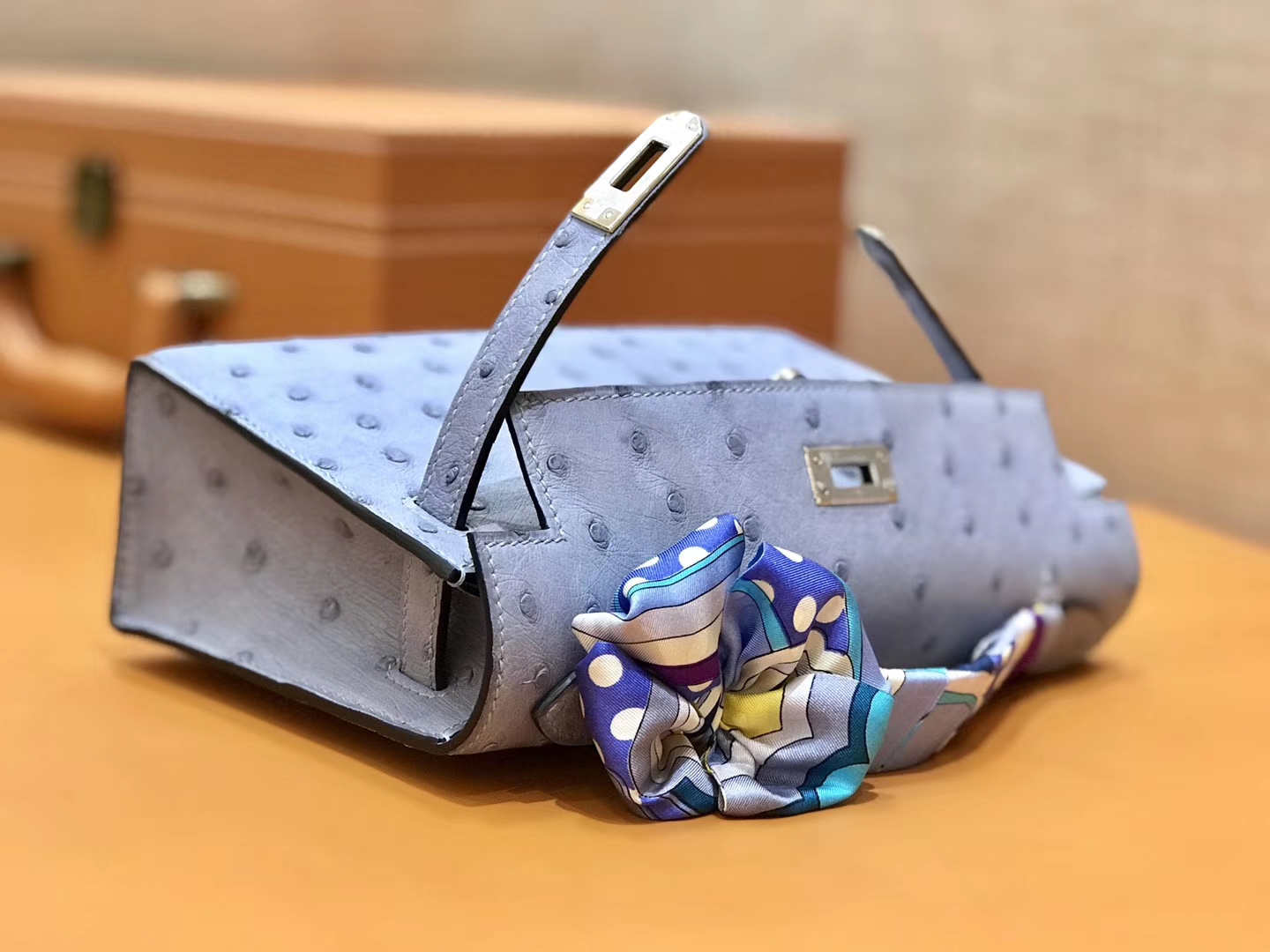 Hermès（爱马仕）MiniKelly 迷你凯莉 浅灰蓝 鸵鸟皮 1代 金扣 22cm