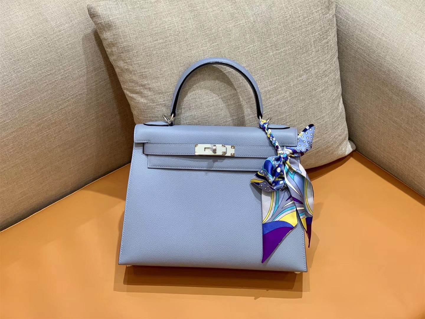 Hermès（爱马仕）Kelly 凯莉包 掌纹牛皮 冰川蓝 银扣 28cm 全手工 现货