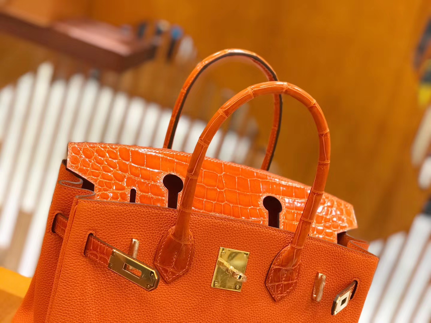 Hermès（爱马仕）Birkin 30cm Touch 火焰橙 鳄鱼皮拼牛皮 全手工缝制