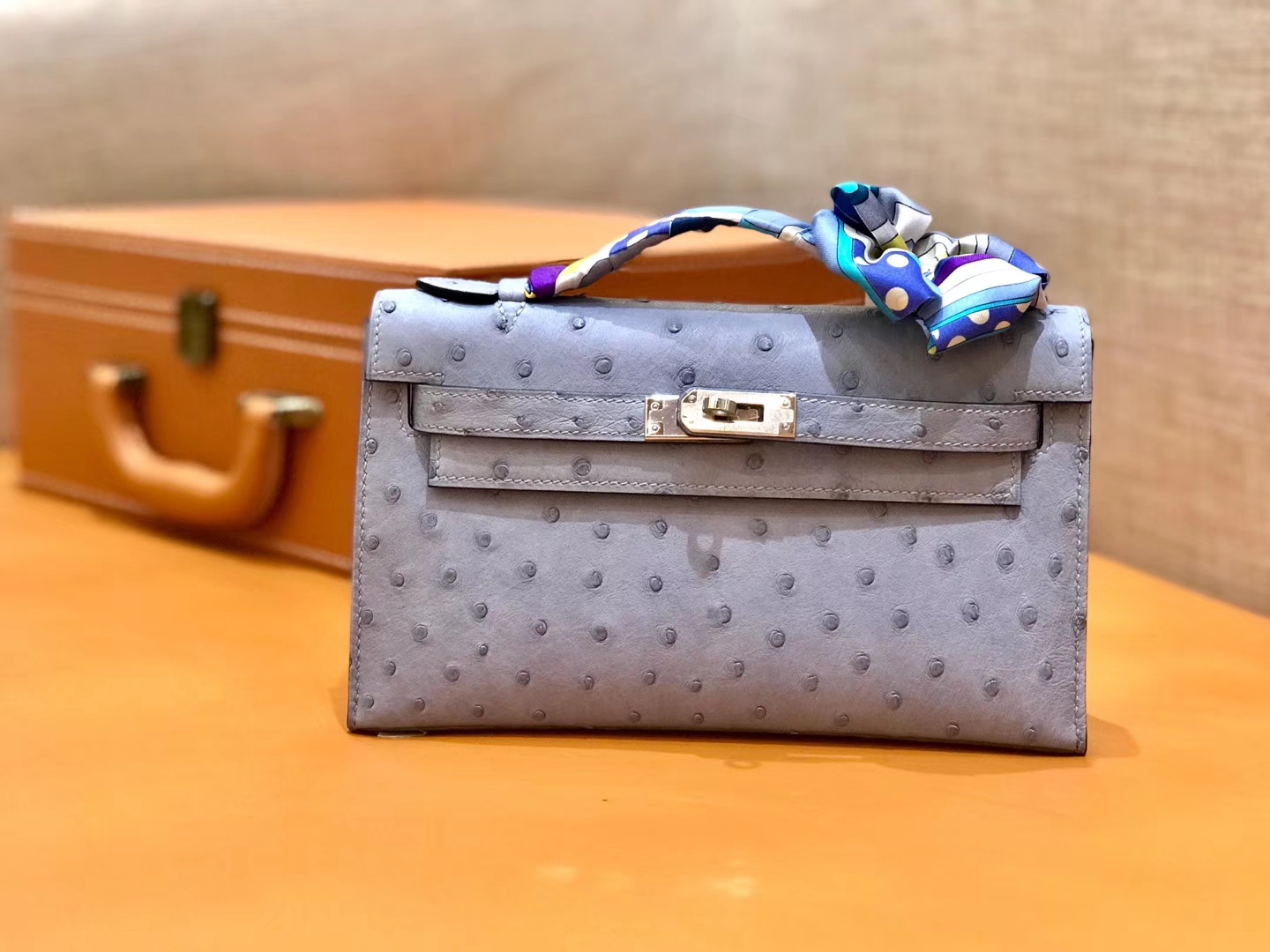 Hermès（爱马仕）MiniKelly 迷你凯莉 浅灰蓝 鸵鸟皮 1代 金扣 22cm