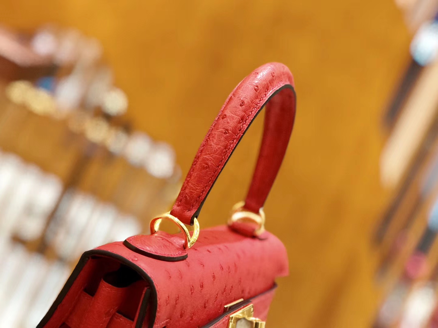 Hermès（爱马仕）Kelly 28cm 爱心红 金扣 鸵鸟皮 全手工缝制