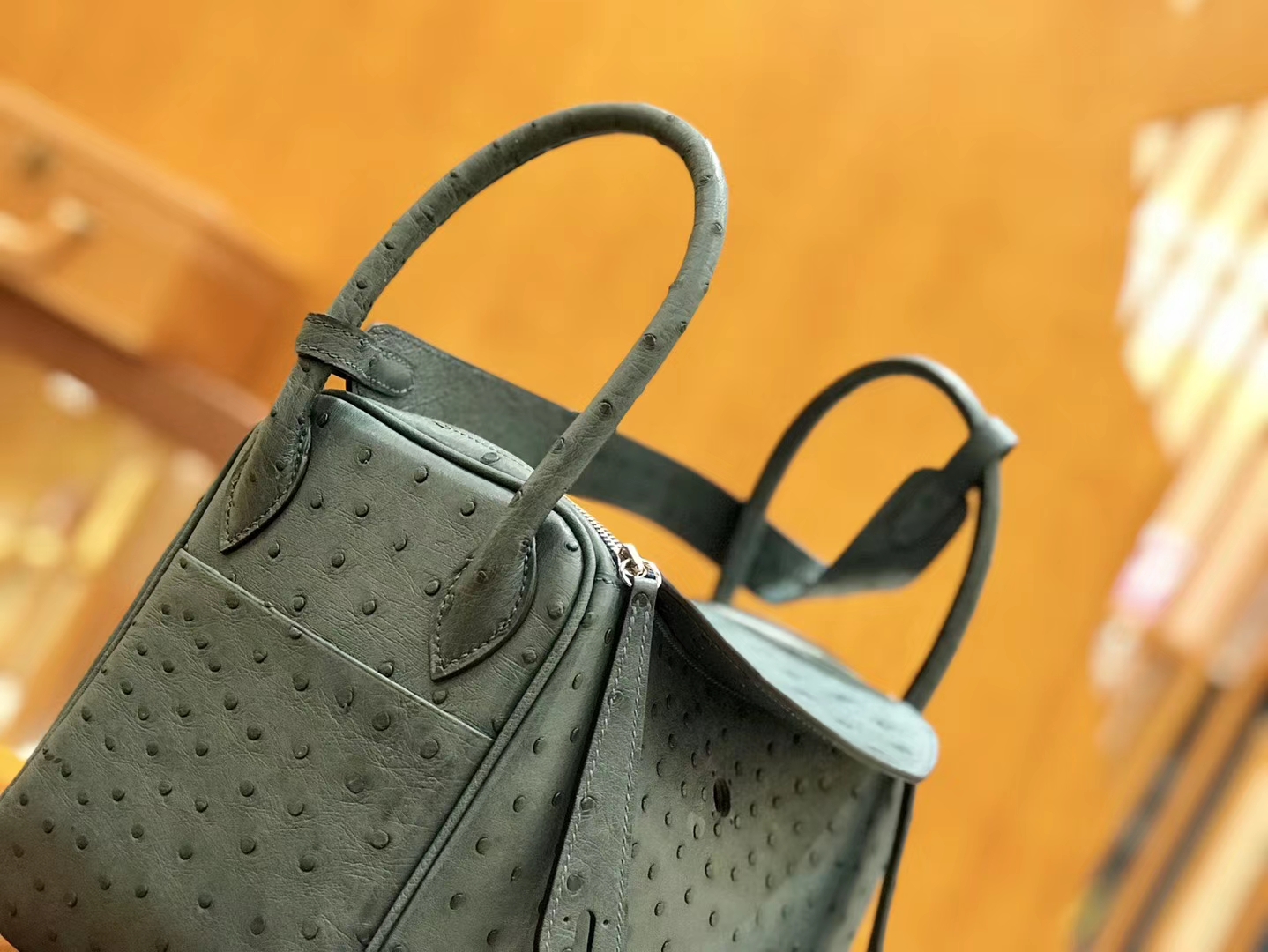 Hermès（爱马仕）Lindy 26cm 松柏绿 银扣 鸵鸟皮 全手工缝制