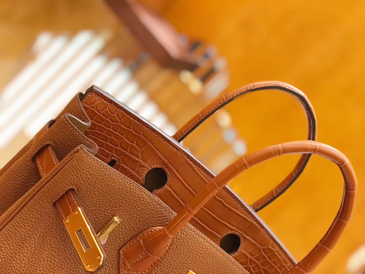 Hermès（爱马仕）Birkin 30cm Touch 蜜糖棕 鳄鱼皮拼牛皮 全手工缝制