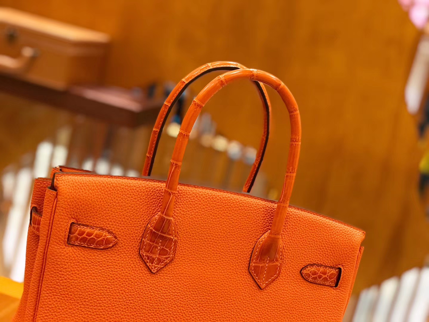 Hermès（爱马仕）Birkin 30cm Touch 火焰橙 鳄鱼皮拼牛皮 全手工缝制