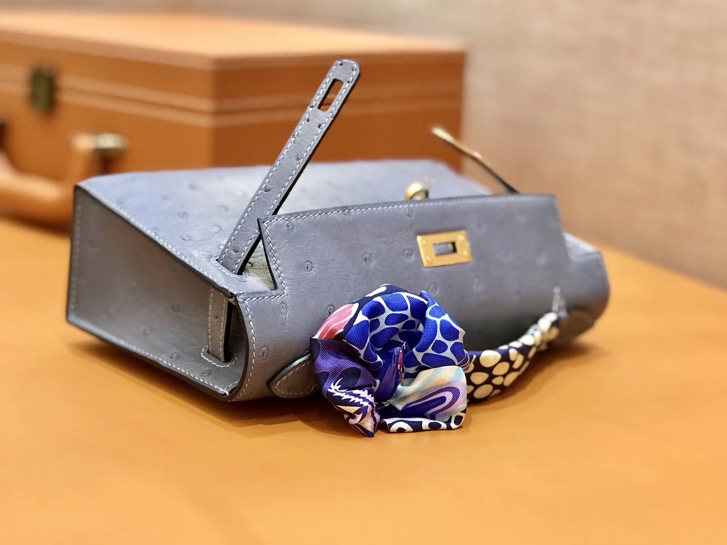 Hermès（爱马仕）MiniKelly 迷你凯莉 冰川蓝 鸵鸟皮 1代 金扣 22cm