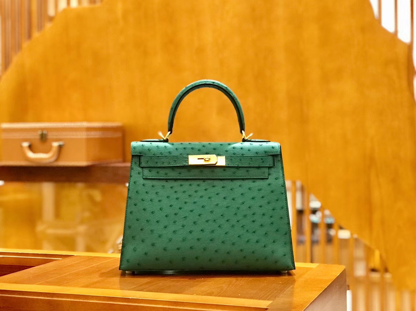 Hermès（爱马仕）Kelly 28cm 孔雀绿 金扣 鸵鸟皮 全手工缝制