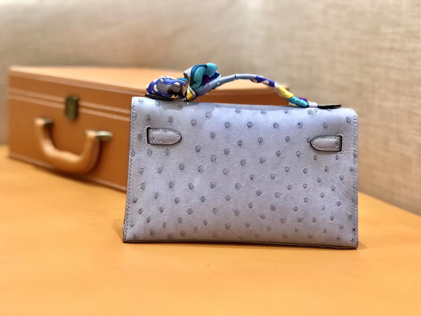 Hermès（爱马仕）MiniKelly 迷你凯莉 浅灰蓝 鸵鸟皮 1代 金扣 22cm