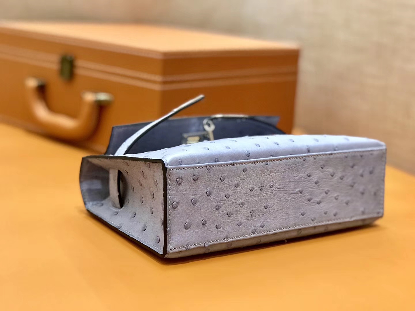 Hermès（爱马仕）MiniKelly 迷你凯莉 浅灰蓝 鸵鸟皮 1代 金扣 22cm