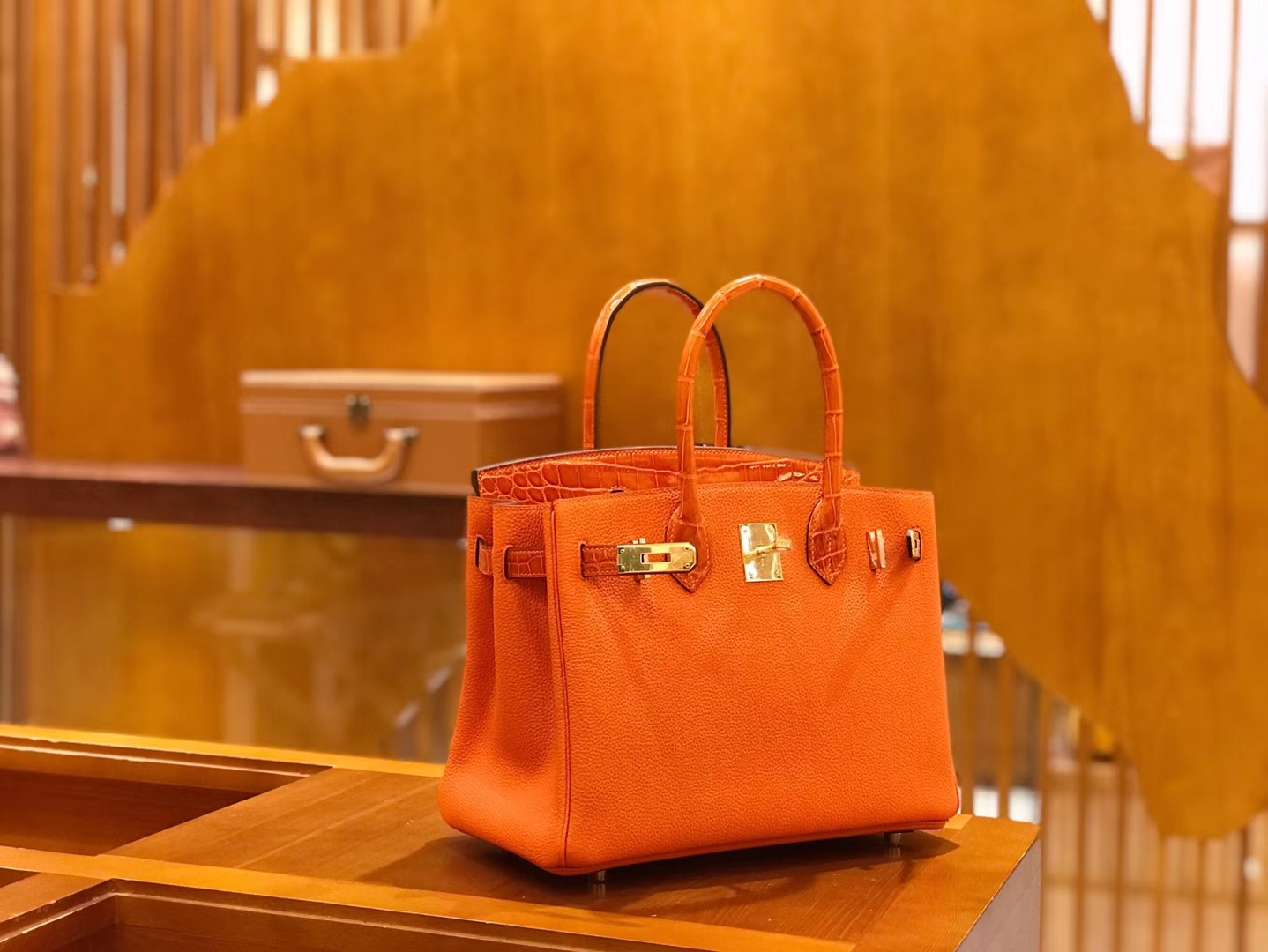 Hermès（爱马仕）Birkin 30cm Touch 火焰橙 鳄鱼皮拼牛皮 全手工缝制