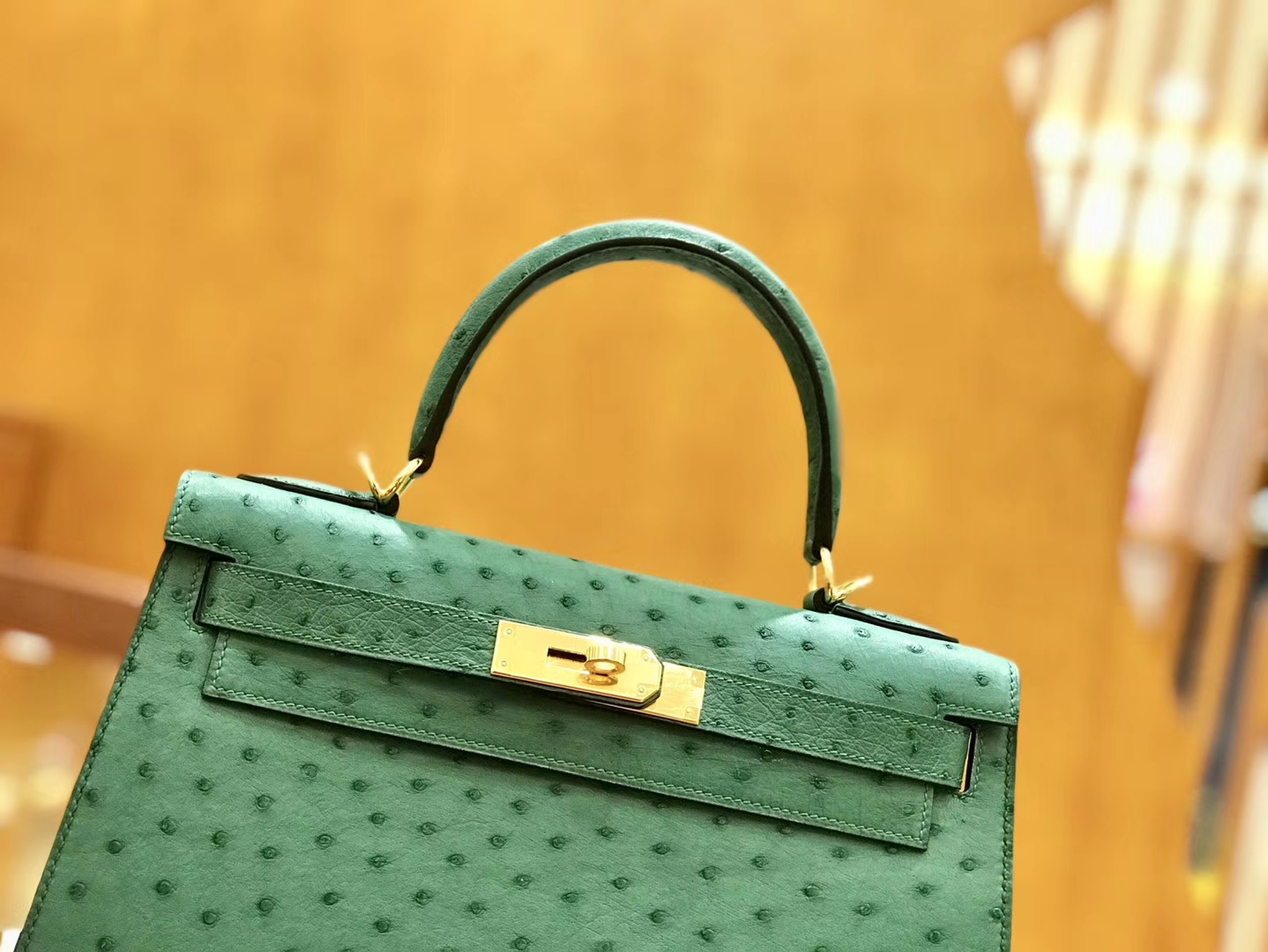 Hermès（爱马仕）Kelly 28cm 孔雀绿 金扣 鸵鸟皮 全手工缝制
