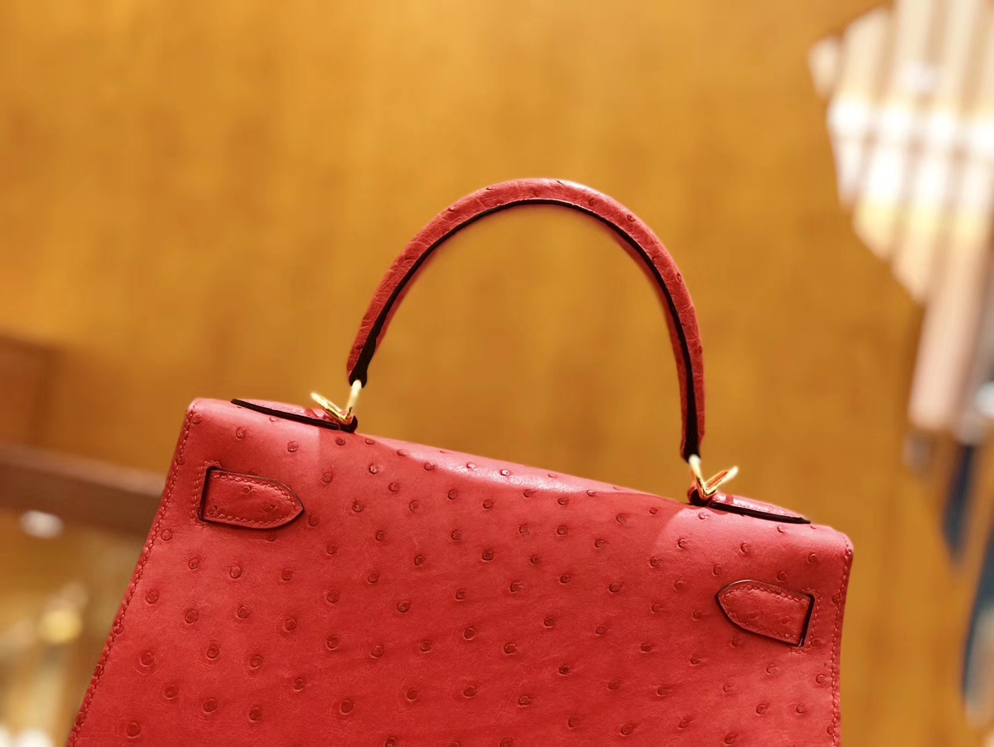 Hermès（爱马仕）Kelly 28cm 爱心红 金扣 鸵鸟皮 全手工缝制
