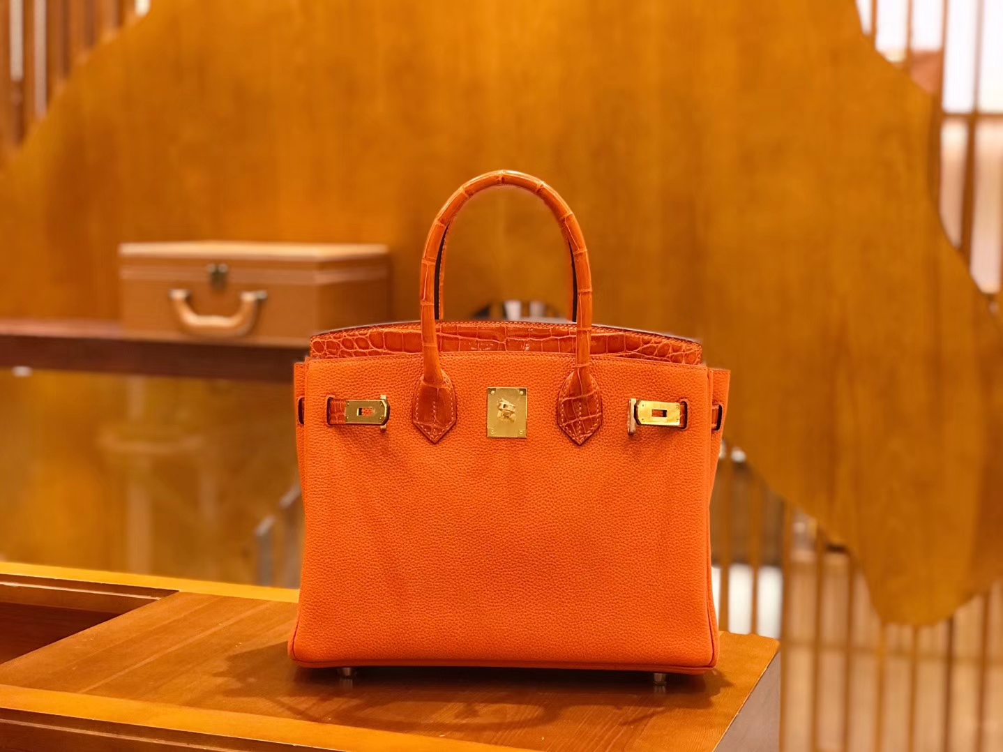 Hermès（爱马仕）Birkin 30cm Touch 火焰橙 鳄鱼皮拼牛皮 全手工缝制