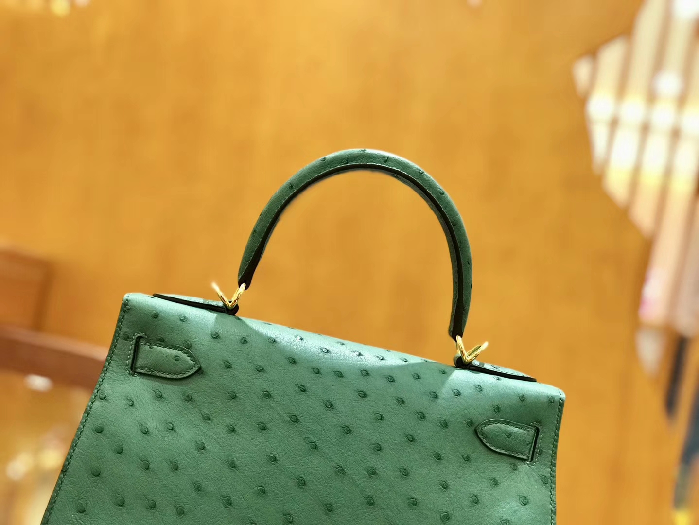 Hermès（爱马仕）Kelly 28cm 孔雀绿 金扣 鸵鸟皮 全手工缝制