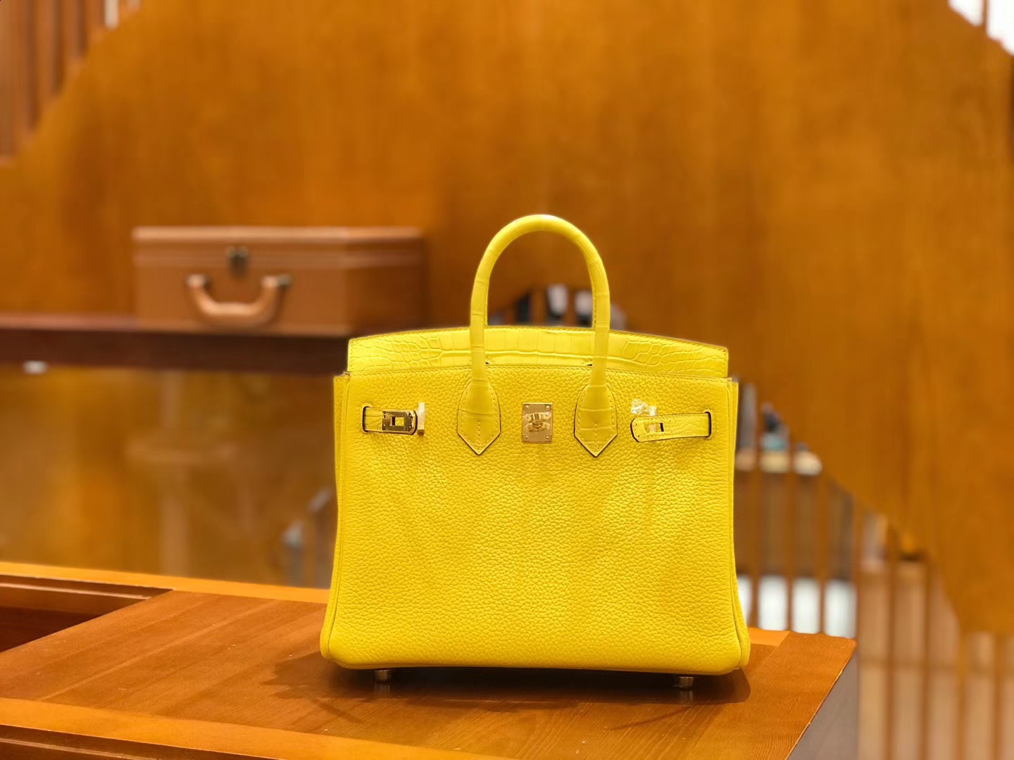 Hermès（爱马仕）Birkin 25cm Touch 那不勒斯黄 鳄鱼皮拼牛皮 全手工缝制