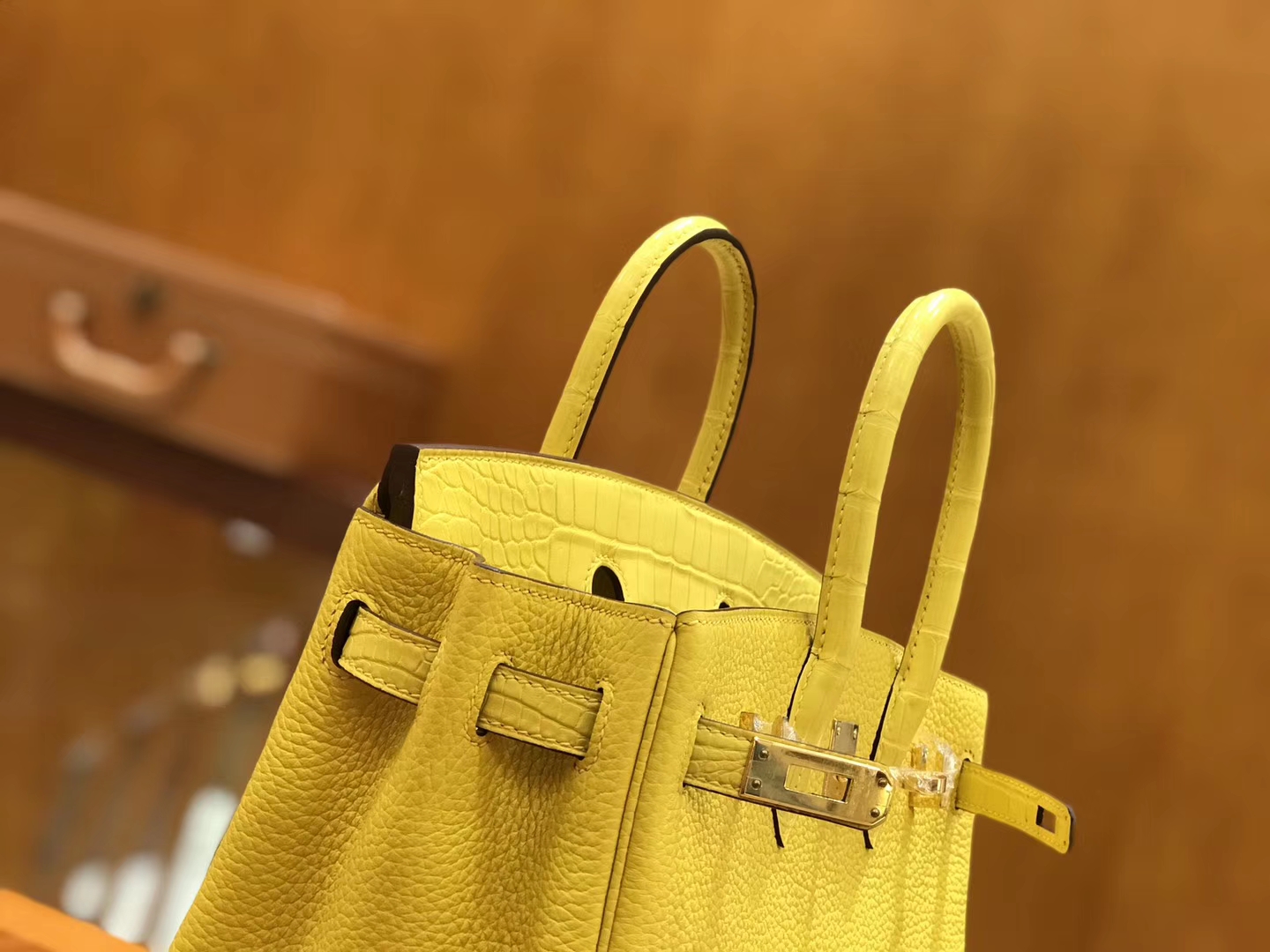 Hermès（爱马仕）Birkin 25cm Touch 那不勒斯黄 鳄鱼皮拼牛皮 全手工缝制